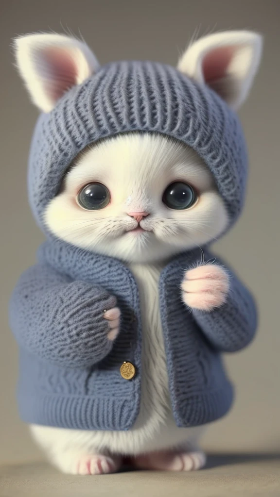 kitten in clothes， miniature kitten， Animal focus， bearded， Realistic， Gonzo hand， ambiguous background，smile，interesting、