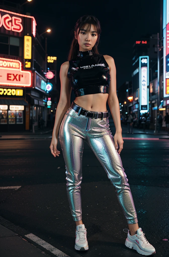 “Create an HD Ultra Realistic image of Young Attractive Asian Woman Sophie Tan posing for a Y2K fashion shoot. Sophie is dressed in a metallic silver crop top and low-rise cargo pants, accessorized with chunky platform sneakers and a neon green belt. The backdrop is a vibrant, futuristic cityscape with holographic advertisements and neon signs. The shot should be captured using a professional camera with a 50mm lens to emphasize Sophie’s confident pose and the reflective textures of her outfit (1.3). The background should be slightly out of focus to highlight Sophie, with post-production enhancing the neon glow and colors for an authentic Y2K feel (1.4).”