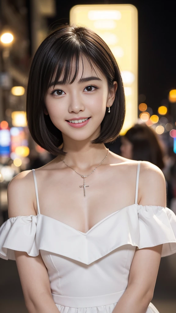(Highest quality, masterpiece, High resolution), Beautiful 18 year old woman。She is wearing a white off-the-shoulder dress with white frills that only covers her breasts.。Shoulders out、優しいsmile、Show some teeth。Short bob hair straight、(Voluminous short bob、Trimming the bob、Straight Hair、Straight bangs、bangs above eyebrows)、Bob with only one ear showing、Sharp focus、(Light)、clavicle、necklace、New York night view、Blur the background、、smile