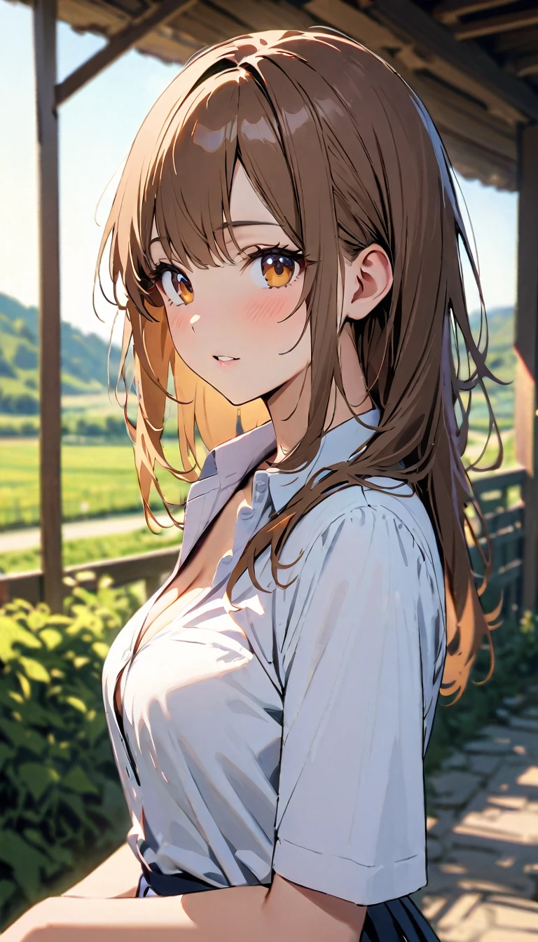 ((Top Quality)), ((Masterpiece)), (Detail), high resolution, Perfect Face, Fine Eyes, Depth of Field, Special Shading, upper body, (1 Beautiful girl), medium breasts, cleavage, (Caramel brown hair, mullet hairstyle), (school uniform), dress shirt, pleated skirt, Scenery of the countryside, 