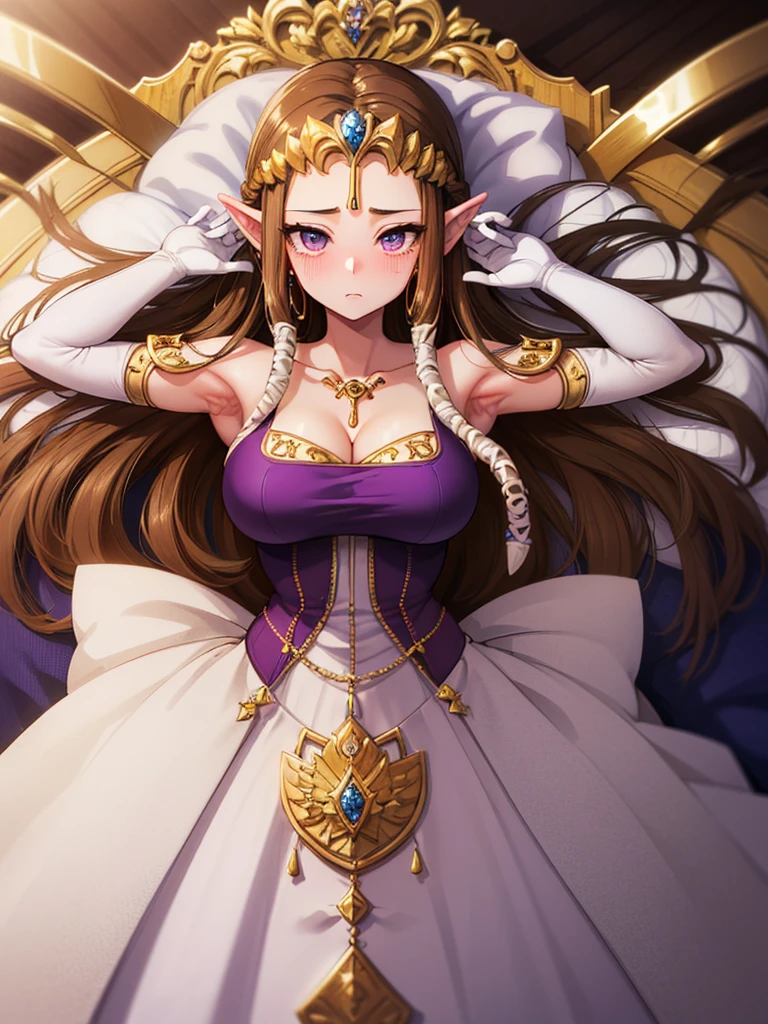 ((((((Arms above head)))))),((Princess Zelda)),((the legend of zelda)),((Front face)),((upper body)),Anime art style,masterpiece,(Dark brown hair), (Very detailed),(Very delicate and beautiful),(((((alone))))),((((pov)))),(Detailed face and eyes),Beautiful eyes like jewels,(Purple blouse),(Queen))),((1 Queen in a beautiful)),((crinoline)),(((Long Straight Hair))),(Very beautiful mature woman),,length_gloves,hair accessory,Sparkling,((Lying in bed))