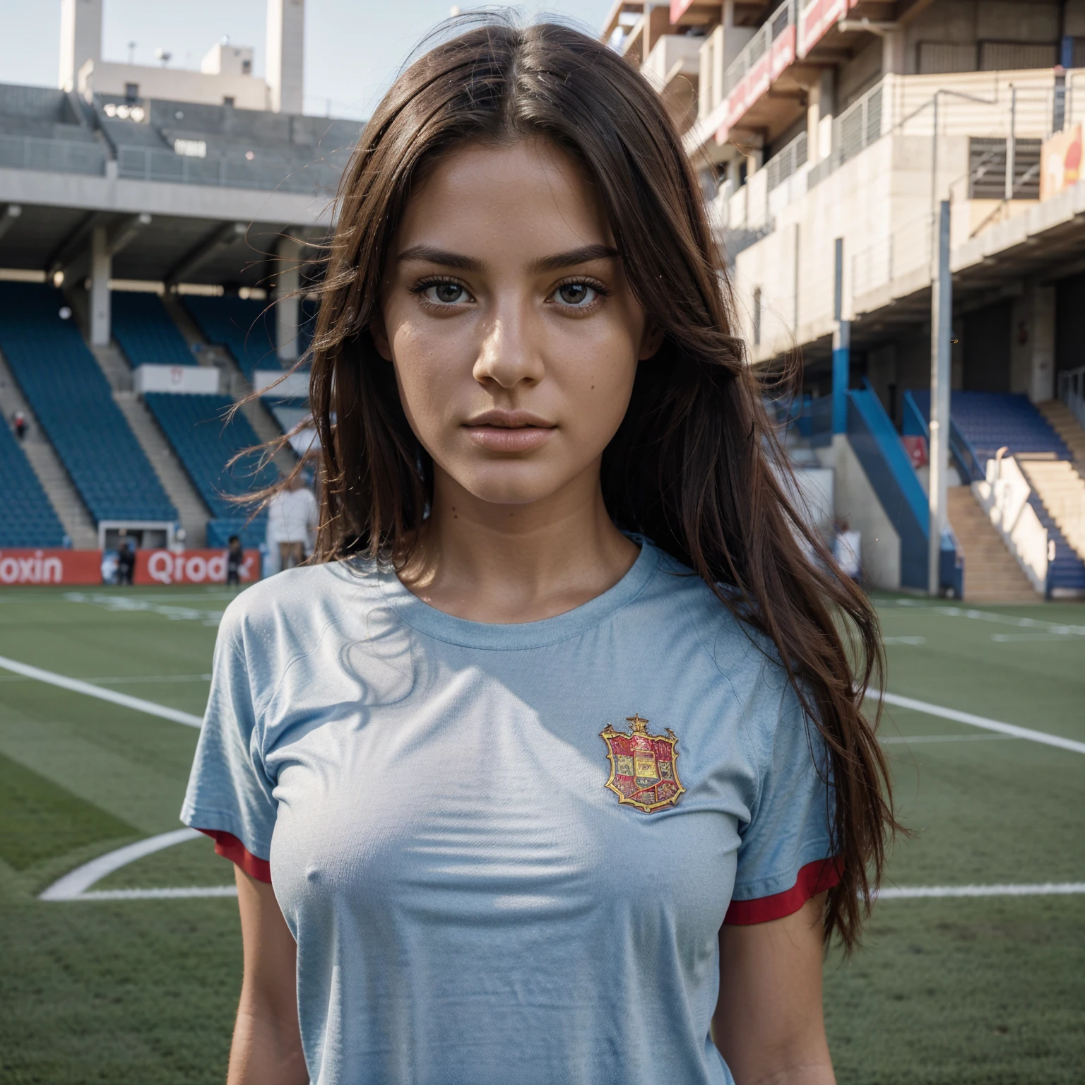 (best quality,highres,ultra-detailed),(realistic,photorealistic:1.37),beautiful detailed eyes, beautiful detailed lips,extremely detailed face,model-quality skin,long beautiful hair, stunning lighting to accentuate her features, from far away, distance to the model, 8k quality, best quality, high quality, full body, red t-shirt with Spanish flag, in a soccer stadium, playground in background, entire body