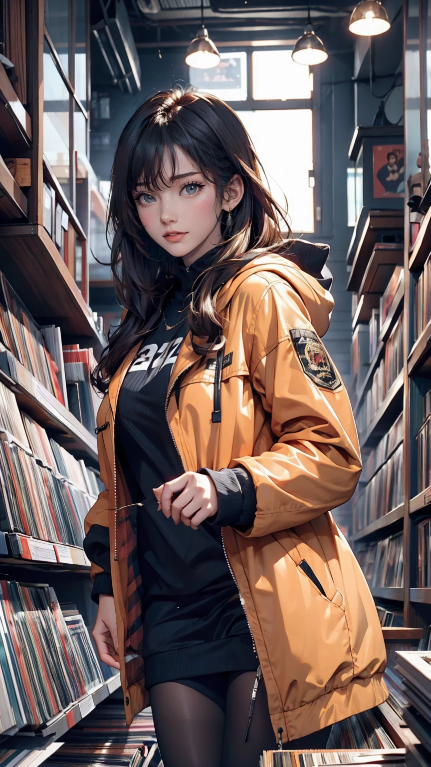 24-year-old woman、Finding records at a record store、Put on the hood of a parka