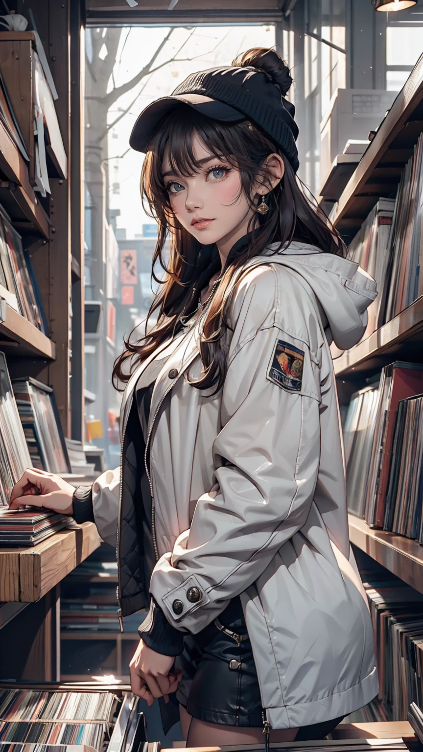 24-year-old woman、Finding records at a record store、Put on the hood of a parka