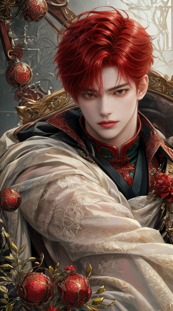 (absurdres, highres, ultra detailed, HDR), masterpiece, Intricate details,best quality picture of a male character , handsome late teen boy with red Hair color, anime red eyes, detailed cell scenery, detailed character, art kenouji