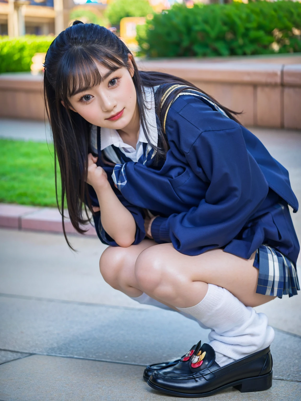 (photorealistic:1.4), best quality, masterpiece, raw 32k photo, (extremely detailed japanese beautiful girl), (extremely detailed eyes:1.2), (baby face),(cute face:1.2), ultra-detailed, ultra high res, amazing, BREAK,squatting,
(school uniform:1.5), (full body:1.2), detailed school girl, (disneyland:1.3), beautiful detailed girl, bangs, cute face, miniskirt,loafers