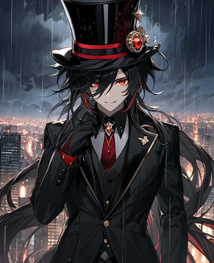 (black_hair), (red_Blood_eyes), (detailed_eyes), (Emotionless), (top_hat), (crazy_attractive), (night_city_background), (raining), (glowing_eyes), (male), (wearing _a_black_suit), (long_male_hair), (detailed_Hair), (detailed_tophat), (detailed_mouth), (detailed_hands)