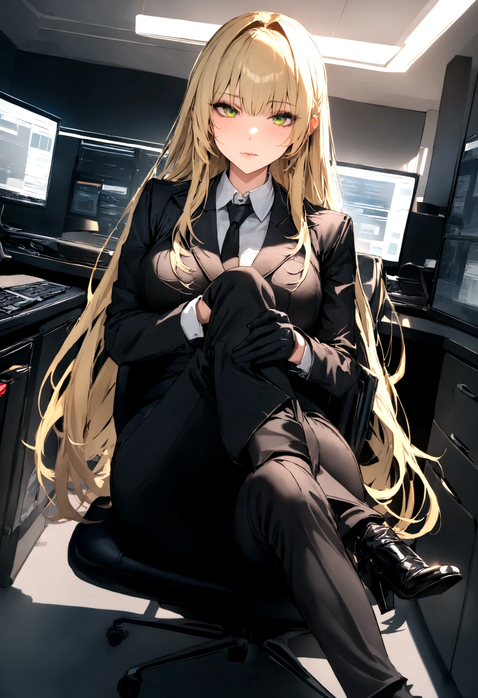 (masterpiece, best quality, ultra detailed, absurd)1.5, 1girl, (sexy, beautiful woman, golden hair, perfect face, greenish eyes, perfect female body, kkw-h-bb)1.5, (dolla \ (nikke\), dolladef, suit, jacket, black gloves, black pants, tie, black ankle boots, ), (futuristic, sitting on an office chair inside an office ), perfect lighting, soft, hdr