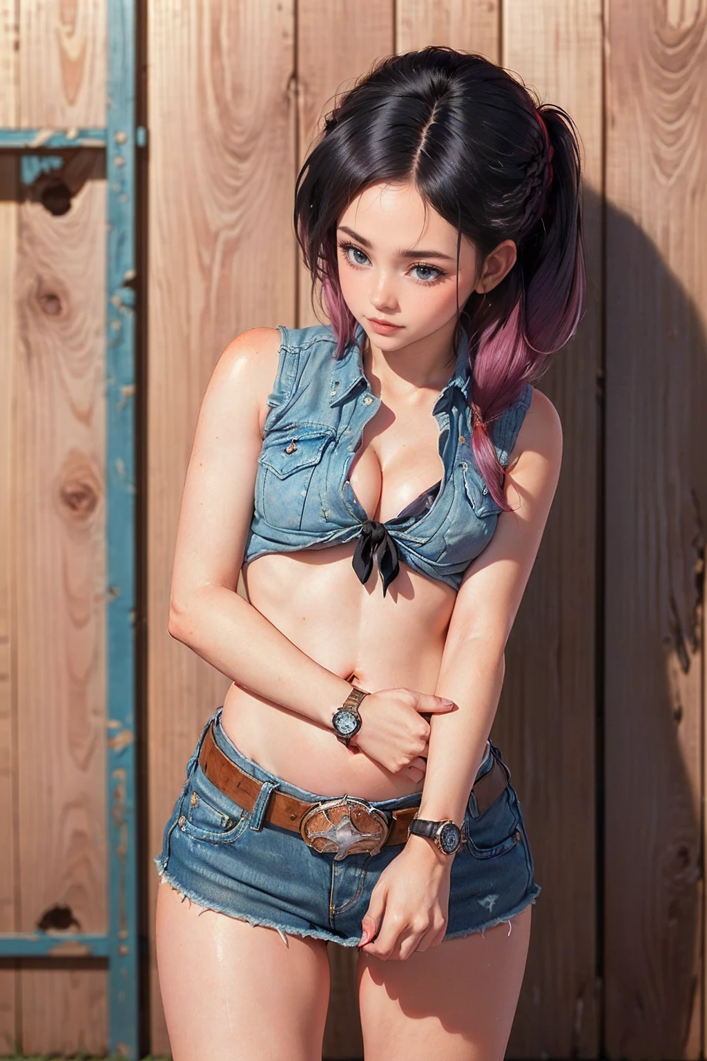 (((1 person:2.0))),(((Cowgirl Costume))),(((Slim Body 1.5))),(((Small Ass))),(((Denim mini skirt))),(((Wear a belt))),(((He is wearing a sleeveless collared shirt, Plaid, Front tie shirt.))),(((Wear a watch))),(((Sandals))),(((Showing cleavage))),(((Showing your belly button))),(((Exposing thighs))),(((Small breasts:1.5))),(((Bare arms))),(((Her hair is black:1.5))),Beautiful detailed girl, Very detailed目と顔, 緻密でBeautiful Eyes, Very detailed, High resolution, Highest quality, masterpiece, Very detailed, 8k wallpaper, wonderful, finely, Highest quality,(((underground:1.5))),((In front of a wooden wall:1.5)),Beautiful Eyes,(((Blushed:1.8))),(((Cowboy Shot:1.5))),(((Open your mouth:0.9))