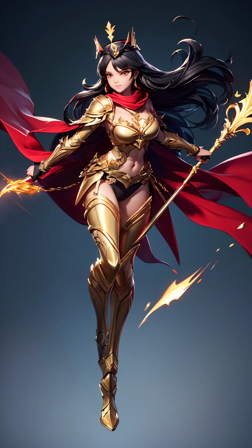 (((full body photo))solo, super fine photo, full body photo picture Unreal Engine 5 8K UHD, beautiful girl, black and dark red long hair, dark gold armor with high details, chainmail bodysuit underwear, red cape, gold crown, goddess of war, wielding a golden spear with gold energy streams, fantasy theme, fantasy design, beautiful make up, best quality, masterpiece, unified 8k wallpaper, super detailed, sharp focus.