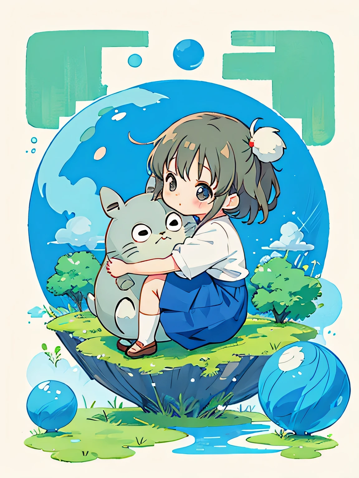 Hayao Miyazaki style、Kawaii Design, most beautiful girl ever、((Chibi)), (((hug)))、Totoro , Blue Earth