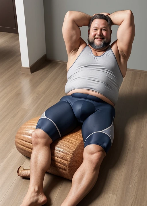 (handsome mature man plump chubby morbid extremely thick thighs bulging belly fat), older man, gray hair, white man, wearing tank top and sports shorts, bulge, detailed glade on clothing, (fat and corpulent: 1.3), full beard very long, looking at the viewer, handsome man, detailed eyes, symmetrical face, mischievous smile, robust, mustache, longer hair, tight lycra bike shorts, his body is lying sideways on the floor, front view.