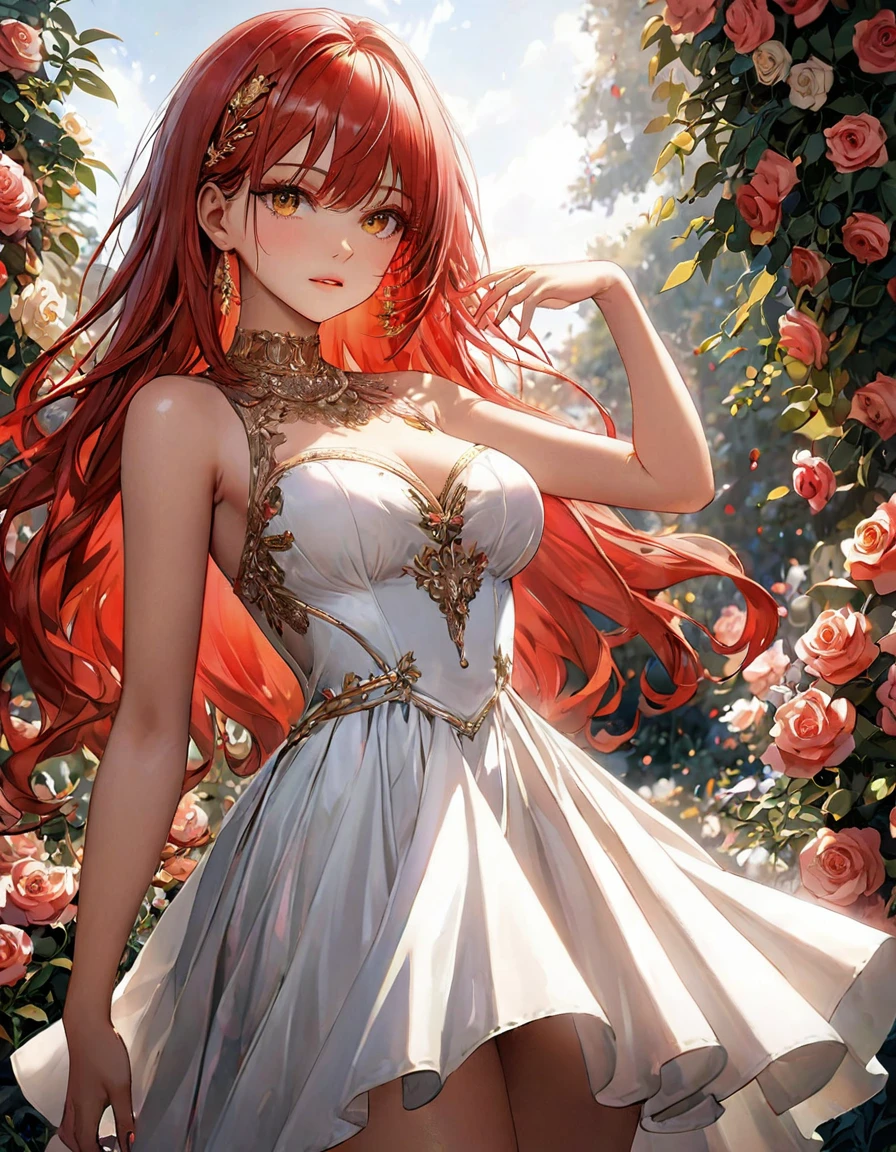 A detailed female anime babe , detailed long ((red hair)) with ((golden eyes)) in a angular cinematic scene having a unique pose with detailed vibrant color , high graphics , (clear clarification) wearing a sexy white dress (wiith a physically fit body) in a detailed full background of a (floral garden filled with different color rose) using high intensity coloration , unreal engine , high definition in 32k resolution using super fine quality linings,огромная грудь,с ягодиц стекает мужское семя,сочная вагина, хочет секса, занимается сексом с мужчиной лёжа, стонет от удовольствия 