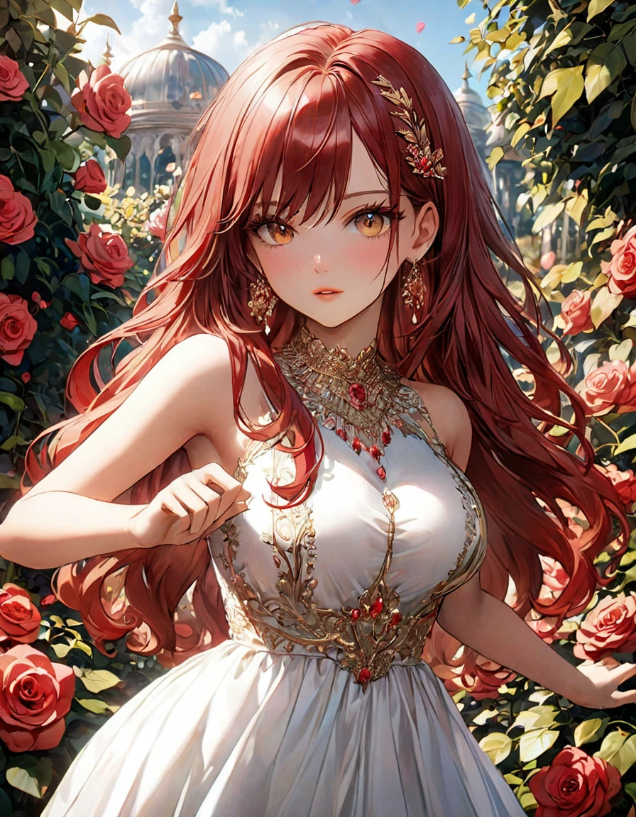 A detailed female anime babe round breast with amazing figure detailed long ((red hair)) with ((golden eyes)) in a angular cinematic scene having a unique pose with detailed vibrant color , high graphics , (clear clarification) wearing a sexy white dress (wiith a physically fit body) in a detailed full background of a (floral garden filled with different color rose) using high intensity coloration , unreal engine , high definition in 32k resolution using super fine quality linings