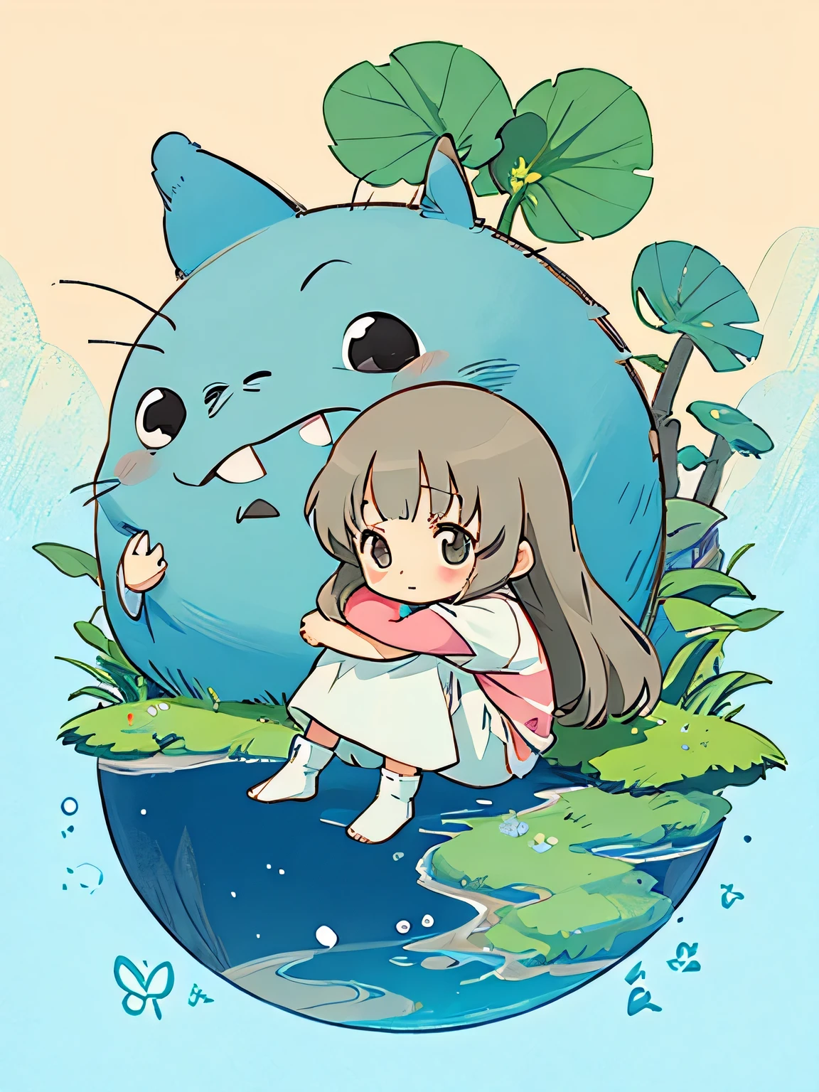 Hayao Miyazaki style、Kawaii Design, most beautiful girl ever、((Chibi)), (((hug)))、Totoro , Blue Earth