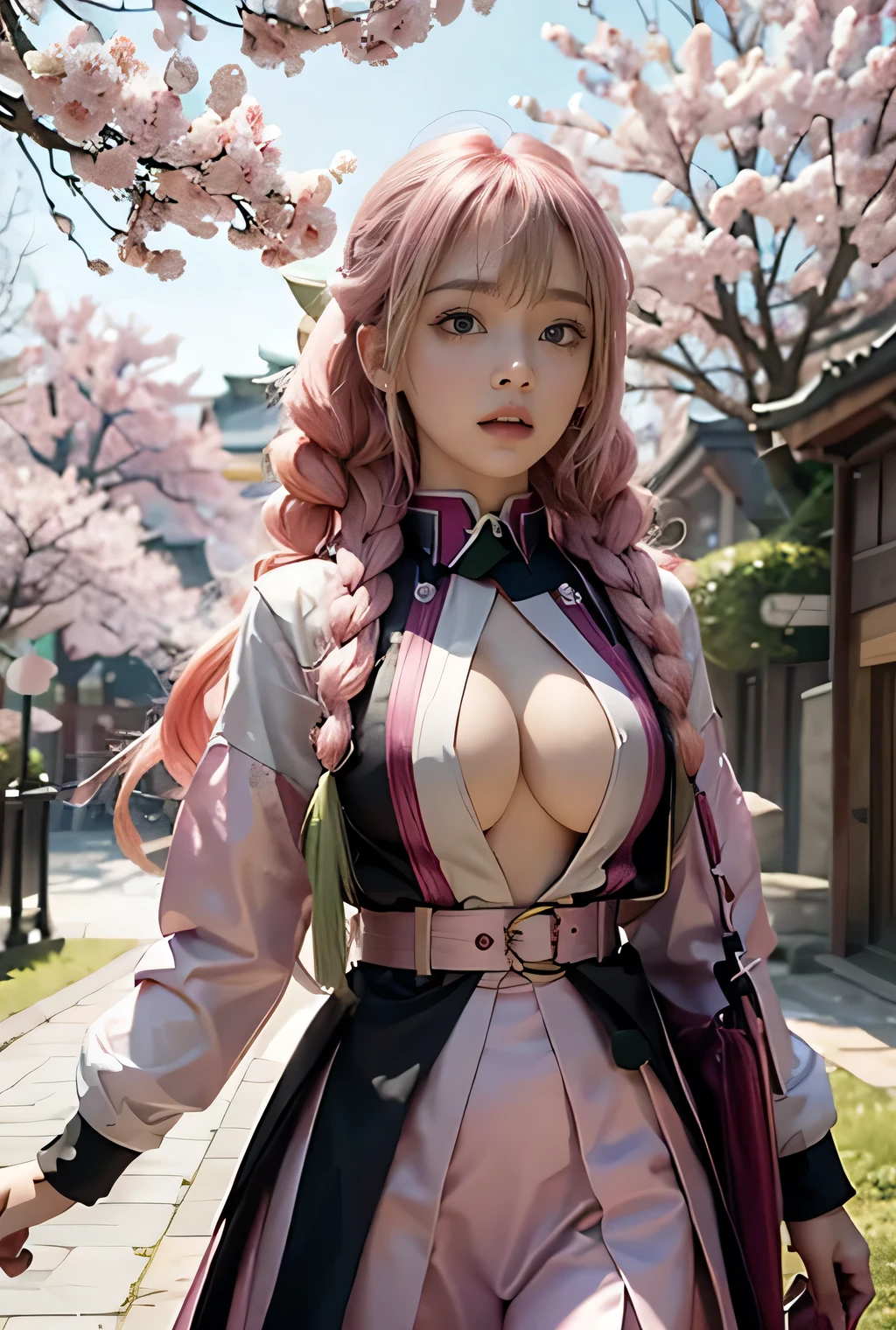 high res, highly detail, masterpiece, best quality, 1girl, solo, Mitsuri, demon_slayer_uniform, looking_at_viewer, pink hair green hair, middle boob, G Cup, outside, sakura tree