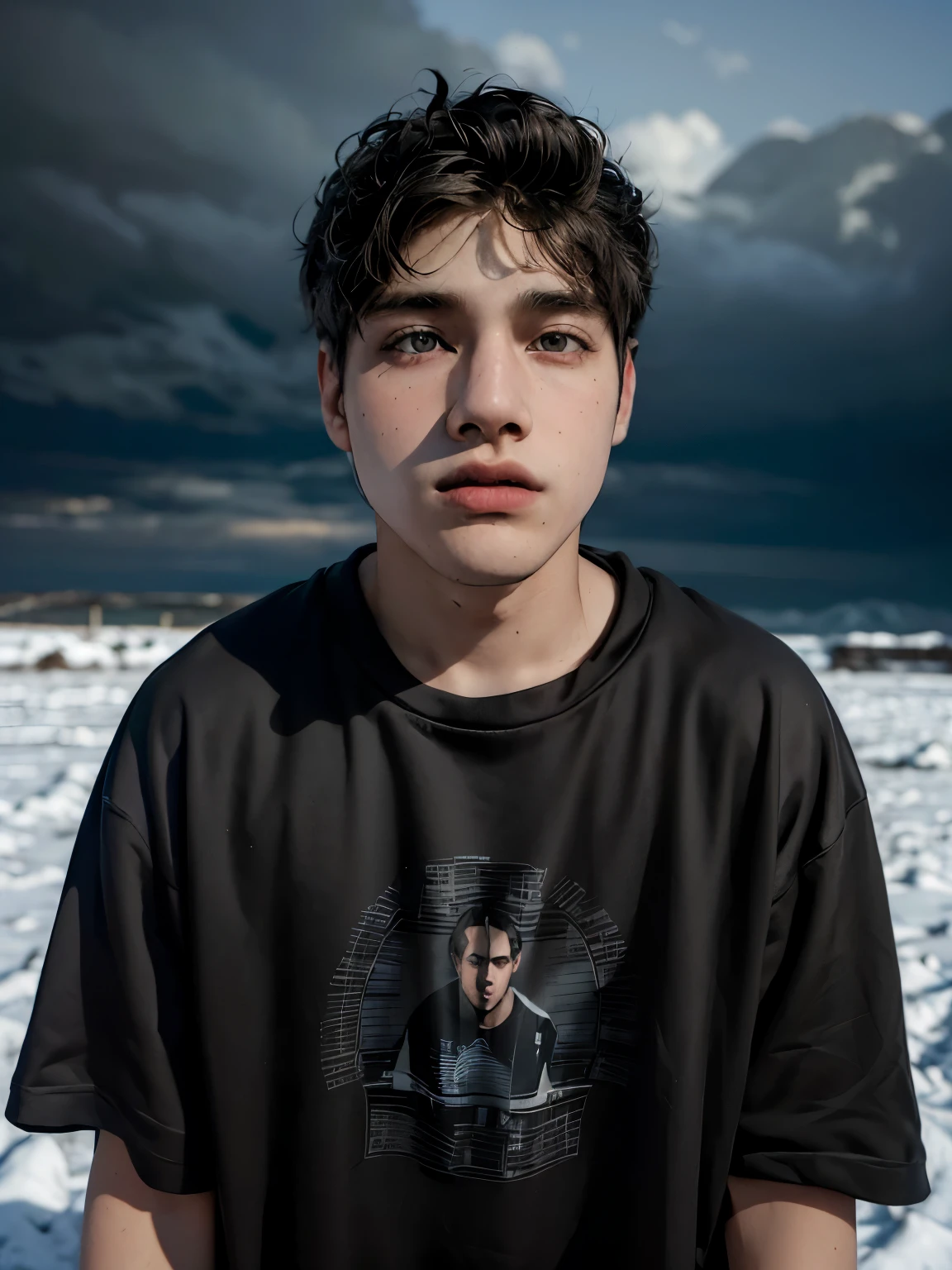 (masterpiece:1.2), (best quality:1.2), hyper realistic,highestres,absurdres,extremely detailed,volumetic,dramatic lighting,(frontal view),
20 year old boy,face,detailed eyes, flat black hoodie, black t-shirt, with background ((sky))