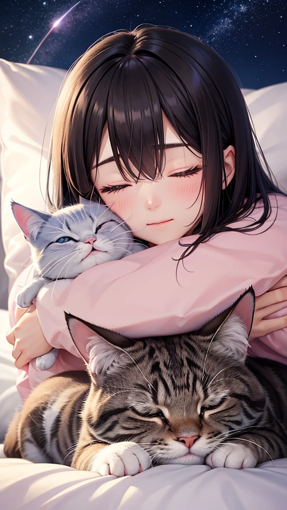Shooting stars in the night sky、Cute pink cat、A cat sleeping on a pillow with its eyes closed. A glow is coming from the cat.、Cat close-up