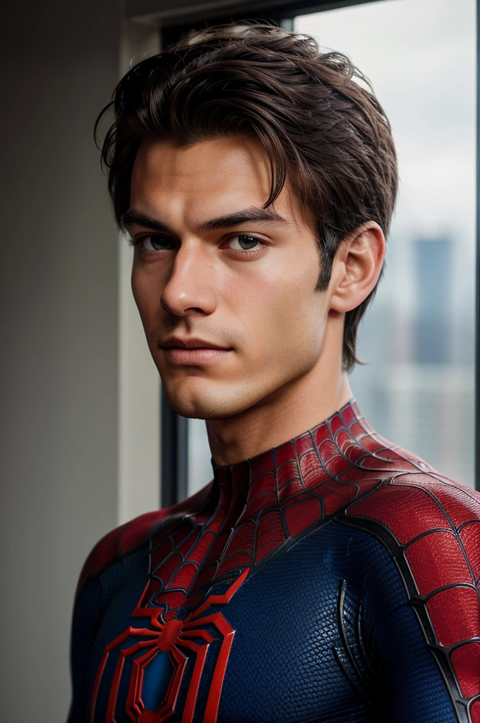 A photograph of spider man, no mask, 20 yo, handsome, detailed face, looking at camera, portrait, 8k uhd, high quality