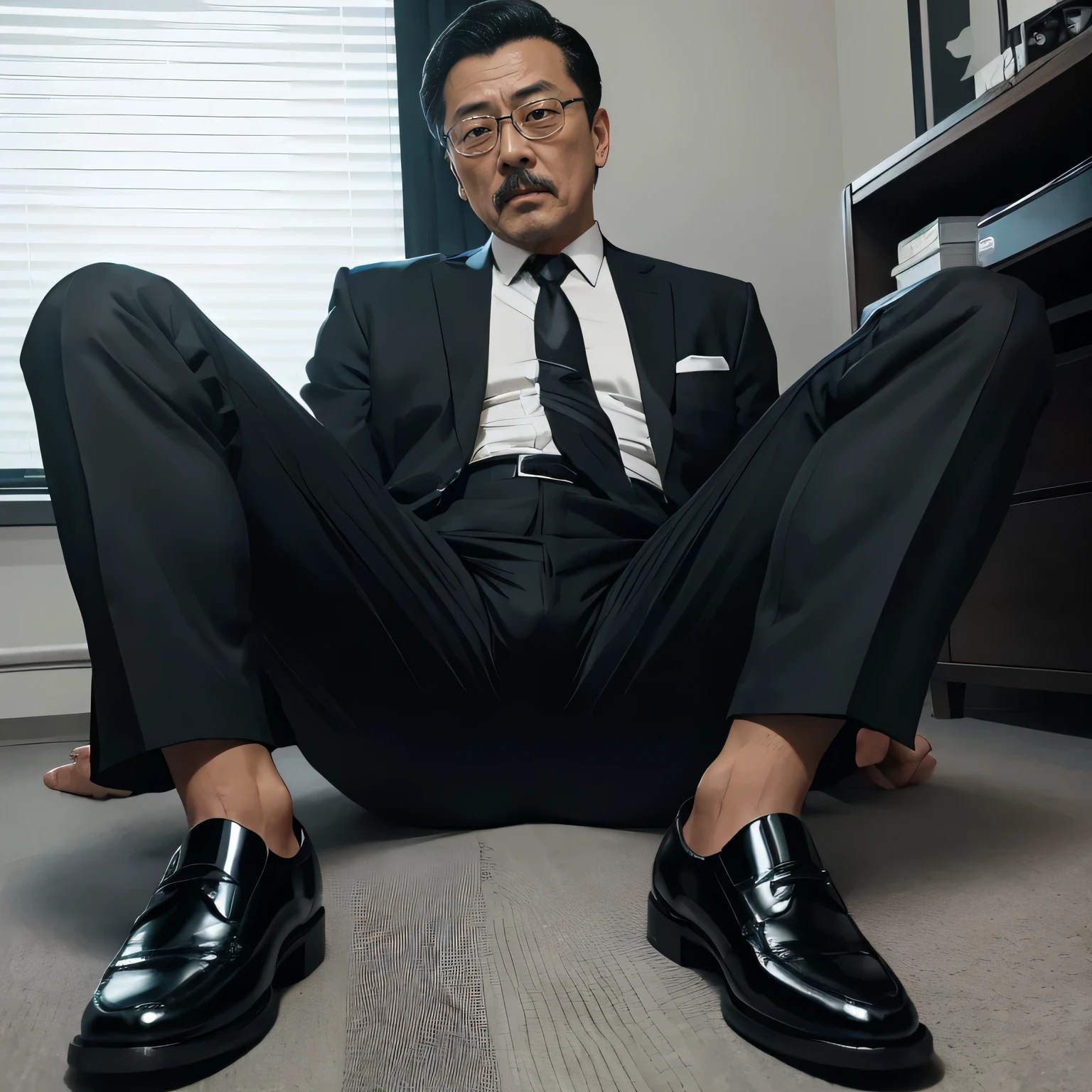 55 years old，Kogoro Mori，uncle，，Convex，in office，Wear black socks，anti-slip leather shoes，beard，toughness，A ball of saliva in the mouth，HD，artwork，Charming and sexy expression pose，full of enjoyment，Very shy，exposed，Spread your legs and straighten them，Wear a suit，Trousers，A large protrusion with masculine characteristics，Wear black socks，The crotch has columnar protrusions，Sole viewing angle，Take off your pants，Sexy lingerie lace，Floor perspective, Ecstasy expression/gender(milky, Translucent mucus in the abdomen and chest)