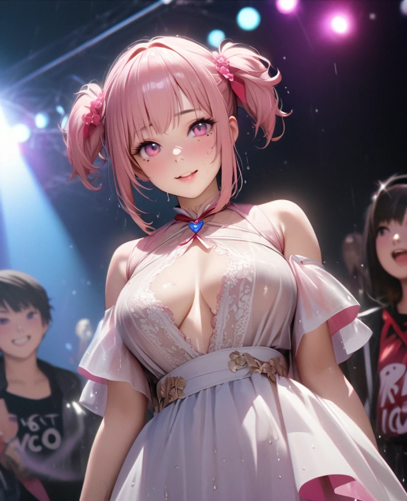 One Girl、Looking at the audience、lovely,
Beautiful pink eyes、short twin tail hair , Mole under the eye、Plump and glossy lips、Heart-shaped choca、Idol、Her name is Rico,smile、ー、。.。.。.。.。.。.。.。.。.。.。.。.。.。.。.。.。.。.3D、Realistic、
The idol's costume was soaked in the heavy rain, and her chest was wet and transparent.Heavy rain at outdoor concert, Drape clothes、gem、The decoration has been removed、Floral、Lace trim,On a glittering stage、
masterpiece、highest quality、8k、Detailed skin texture、Detailed cloth texture、Beautifully detailed face、Intricate details、Very detailed、
超A high resolution、8k Ultra HD、Film Grain、Best Shadow、delicate、Gazing at the audience、front