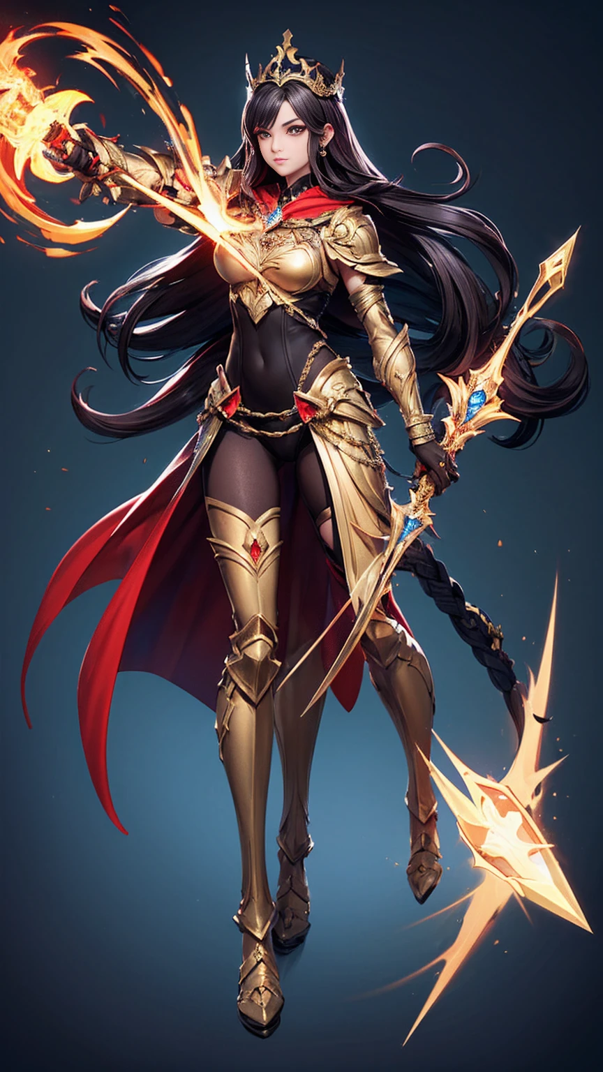 (((full body photo))solo, super fine photo, full body photo picture Unreal Engine 5 8K UHD, beautiful girl, black and dark red long hair, dark gold armor with high details, chainmail bodysuit underwear, red cape, gold crown, goddess of war, wielding a golden spear with gold energy streams, fantasy theme, fantasy design, beautiful make up, best quality, masterpiece, unified 8k wallpaper, super detailed, sharp focus.