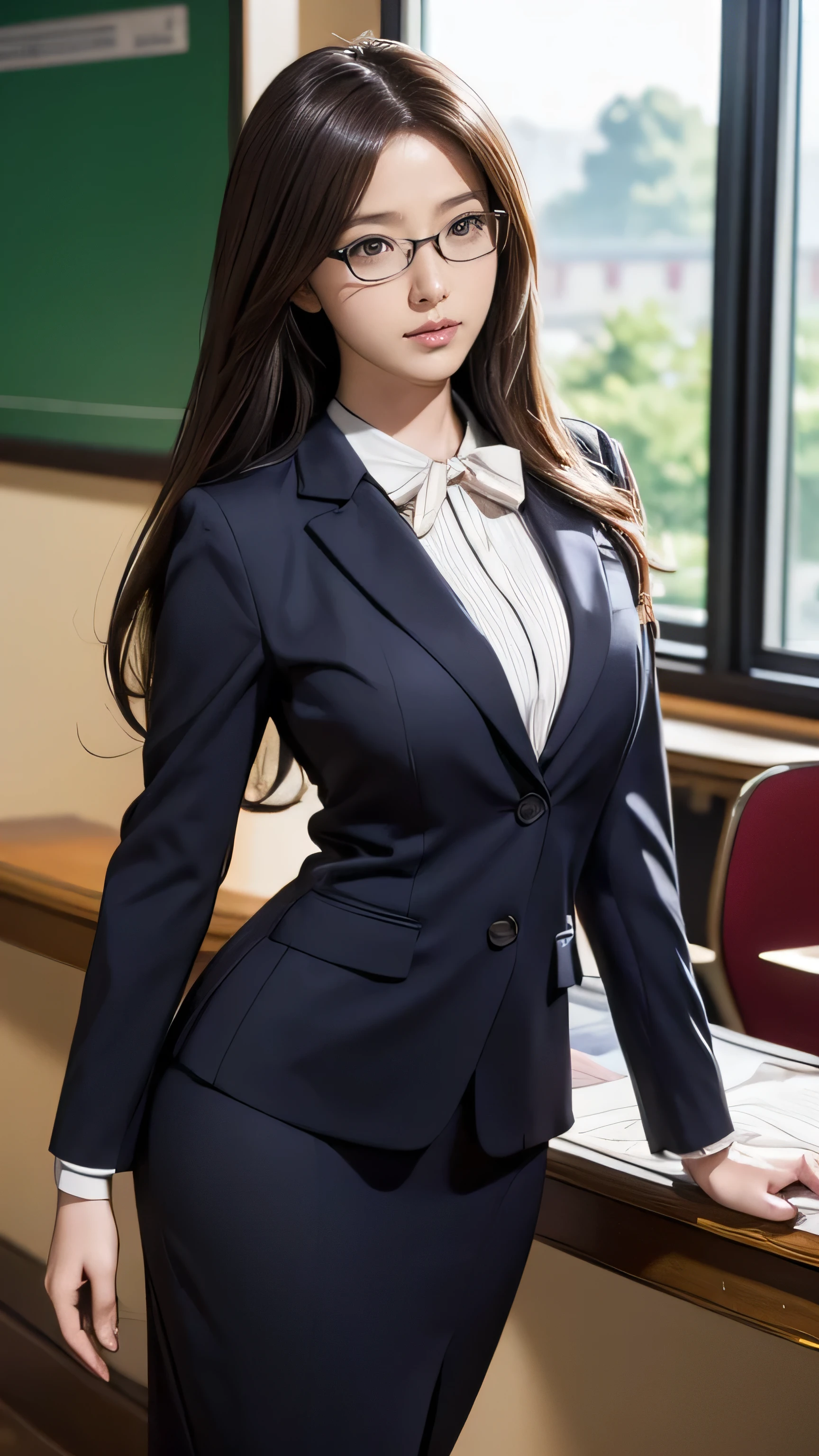 a beautiful elegant woman teacher with large breasts, long legs, wearing glasses, standing in a school classroom, (((masterpiece,highest quality,in 8k,super detailed,high resolution,anime style,absolutely))),(alone:1.5),detailed face,beautiful eyes,small nose,full lips,flowing hair