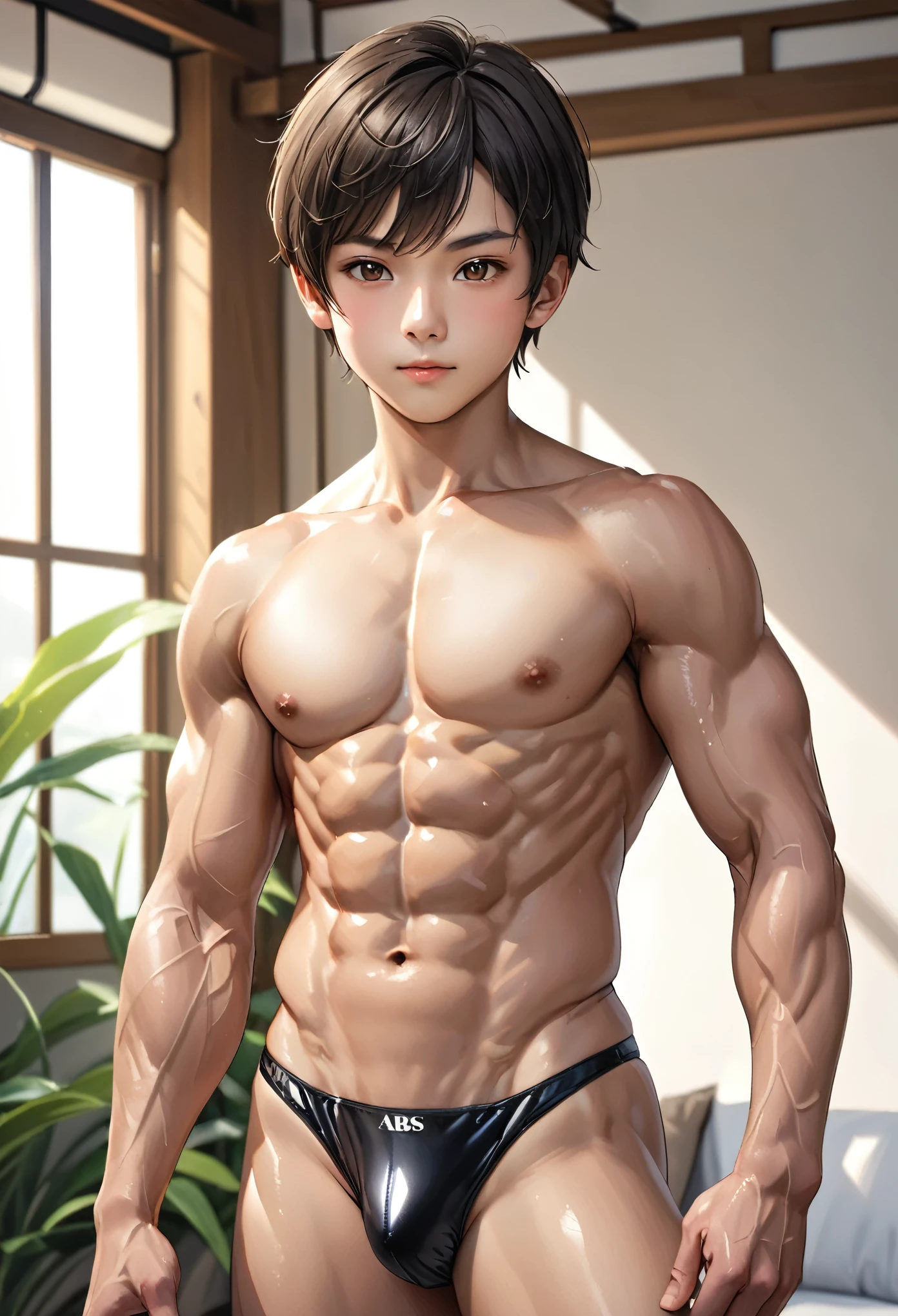 (best quality), Realistic, flexing,  Japanese idol body builder boy,  (abs:1.4), black short hair, shiny skin, (detailed brown eyes:1.1), (smile:0.8), (black tiny thong), bulge, puffy nipples, detailed areola,　