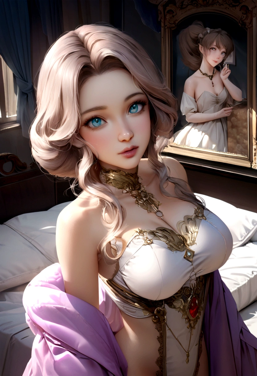arafed femme pleinement , fille sexy aux yeux marrons, ultra realistic, Meticulously detailed, Portrait de Sophie Mudd, cheveux bruns et grands yeux, selfie 4k;une jeune femme, yeux de la chambre, violette myers, sans maquillage, maquillage naturel, regarder directement la caméra, visage avec artgram, maquillage subtil, superbe photo de tout le corps à genoux sur le lit, dans la chambre, Medium to large bust