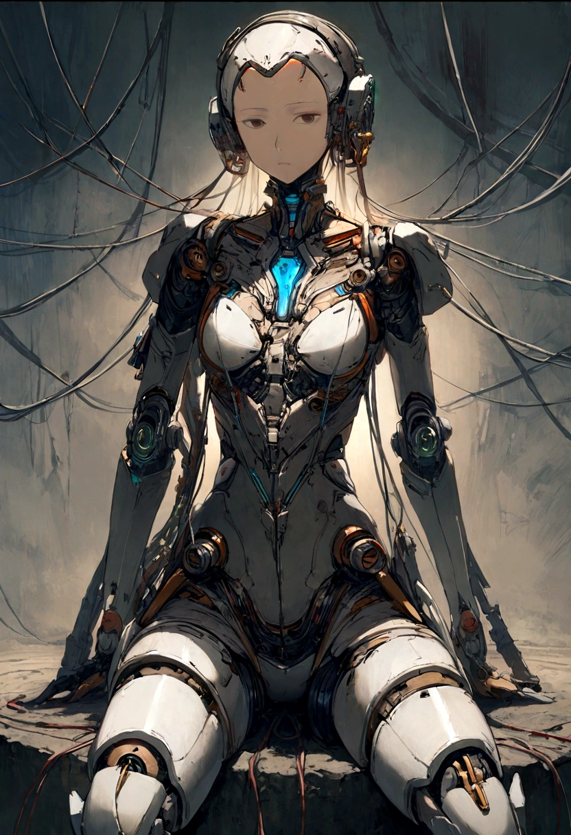 NSFW(((masutepiece))), (((Best Quality))), ((Ultra-detailed)), (extremely detailed photo), ((extremely delicate and beautiful)),(Cute delicate face),Cinematic Light,((one Mechanical Girl and expressionless:2)),Solo,Full body,(Machine-made joints:1.5),((machanical limbs)),(blood vessels connected to tubeechanical vertebra attaching to the back)),((mechanical cervial attaching to neck)),((Sitting)),deadpan,(Many wires and cables to attach to the head and body:1.6),(Character Focus),Science fiction,(beautiful face and eye, double eyelid,delicate skin,slender body shape)