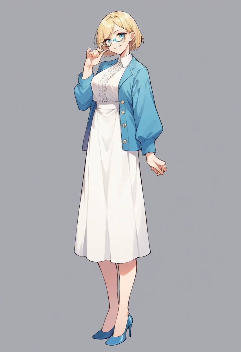 beautiful woman, beautiful face, solo, full body, standing, medium bob cut blonde hair, light blue eyes, two points glasses, medium breasts, blue opened short jacket, white blouse, white pleats Slightly longer skirt, (calf of legs), blue high heels, soft smile, (pinch one's her glasses), perfect hands and perfect fingers, temptation pose, black background, no background, pastel 2d art, matte painting, anime, masterpiece