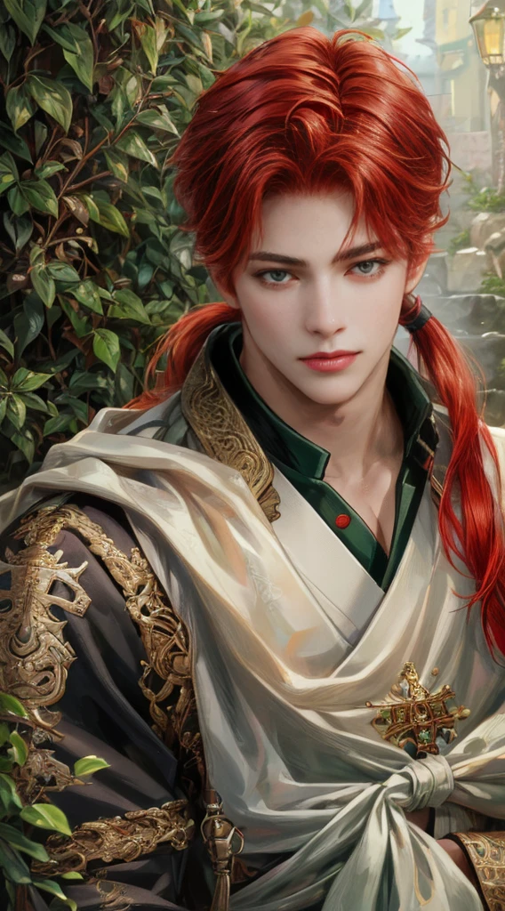(absurdres, highres, ultra detailed, HDR), masterpiece, Intricate details,best quality picture of a male character , handsome late teen boy with red Hair color, long ponytail, anime green eyes, detailed basement scenery, detailed character, art kenouji