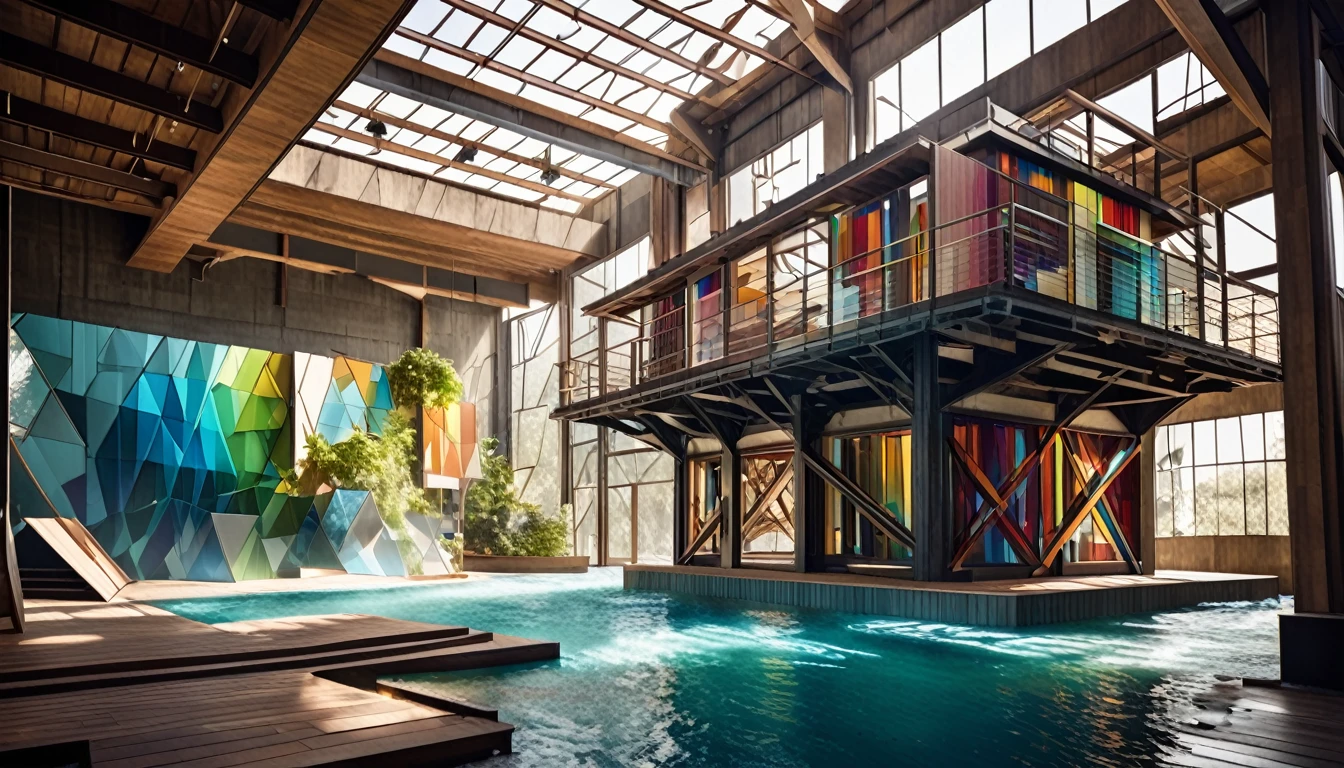 Deconstructivist architecture showcasing a revolutionary, unconventional structure with dynamic, fragmented shapes that allow water to move freely, producing a captivating visual symphony of colors, textures, and natural lighting that enhances the surrounding environment., studio lighting, copy background, professional grading, advertising