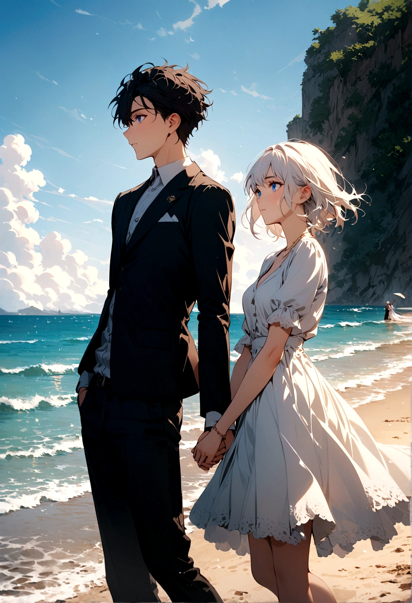 A young man with black hair and blue eyes and a girl with white hair hold hands on the beach during the daytime.