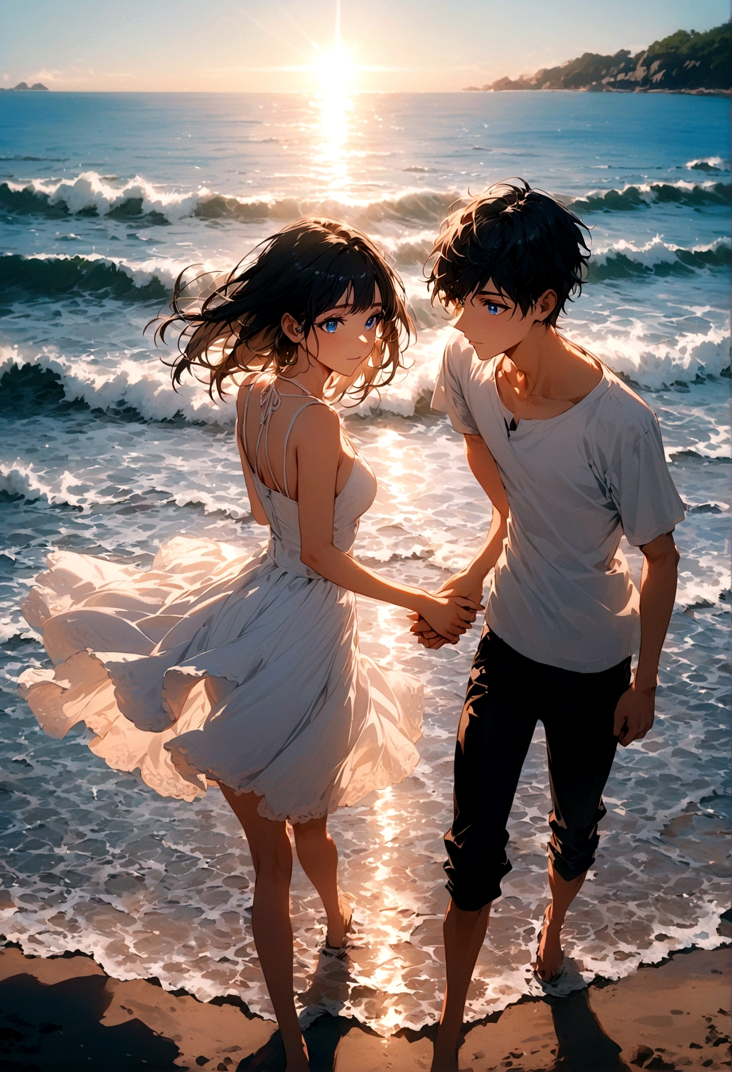 A young man with black hair and blue eyes and a girl with white hair hold hands on the beach during the daytime.