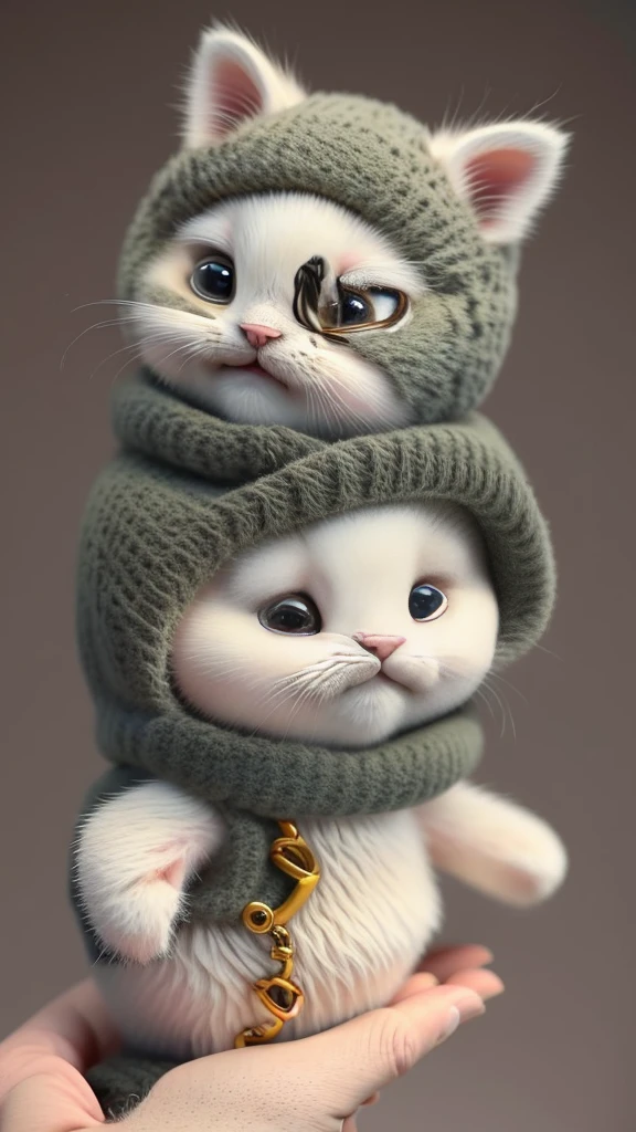 kitten in clothes， miniature kitten， Animal focus， bearded， Realistic， Gonzo hand， ambiguous background，smile，interesting、