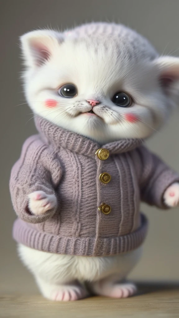 kitten in clothes， miniature kitten， Animal focus， bearded， Realistic， Gonzo hand， ambiguous background，smile，interesting、