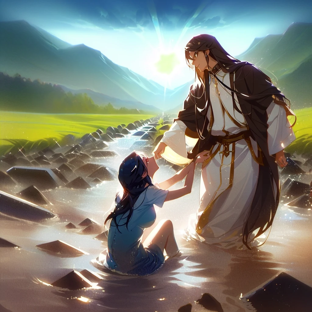 Jesus washes a woman in a river with a mountain in the background, most beautiful picture of all time, beautiful illustration, Crossing the river, Jesus walks on water, very nice photo, greg olsen, absolut herausragendes Bild, inspired von Mark Keathley, von Mark Keathley, Bibel-Illustration, Jesus umarmt eine Frau, erstaunliche Tiefe, very beautiful masterpiece, unglaubliche Kunst