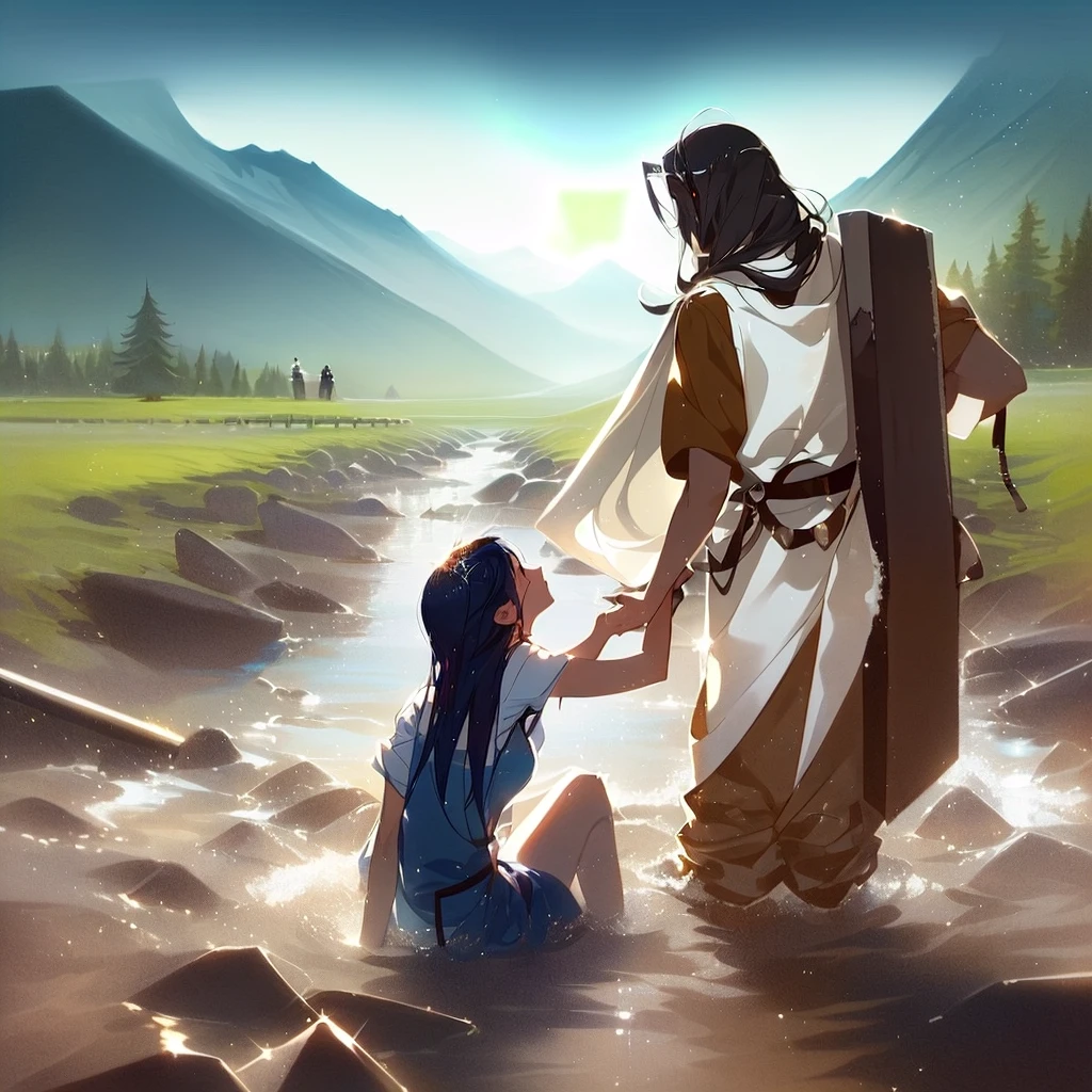 Jesus washes a woman in a river with a mountain in the background, most beautiful picture of all time, beautiful illustration, Crossing the river, Jesus walks on water, very nice photo, greg olsen, absolut herausragendes Bild, inspired von Mark Keathley, von Mark Keathley, Bibel-Illustration, Jesus umarmt eine Frau, erstaunliche Tiefe, very beautiful masterpiece, unglaubliche Kunst