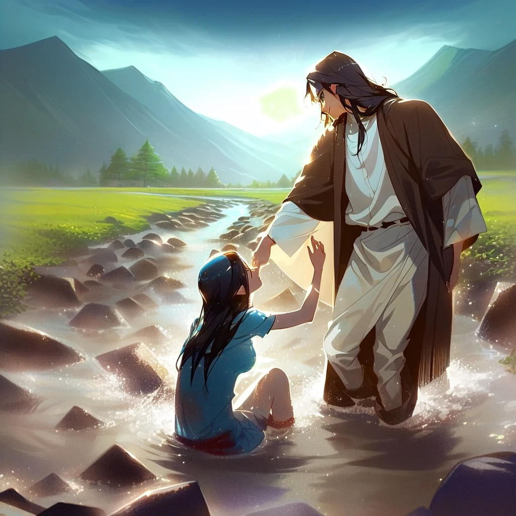 Jesus washes a woman in a river with a mountain in the background, most beautiful picture of all time, beautiful illustration, Crossing the river, Jesus walks on water, very nice photo, greg olsen, absolut herausragendes Bild, inspired von Mark Keathley, von Mark Keathley, Bibel-Illustration, Jesus umarmt eine Frau, erstaunliche Tiefe, very beautiful masterpiece, unglaubliche Kunst