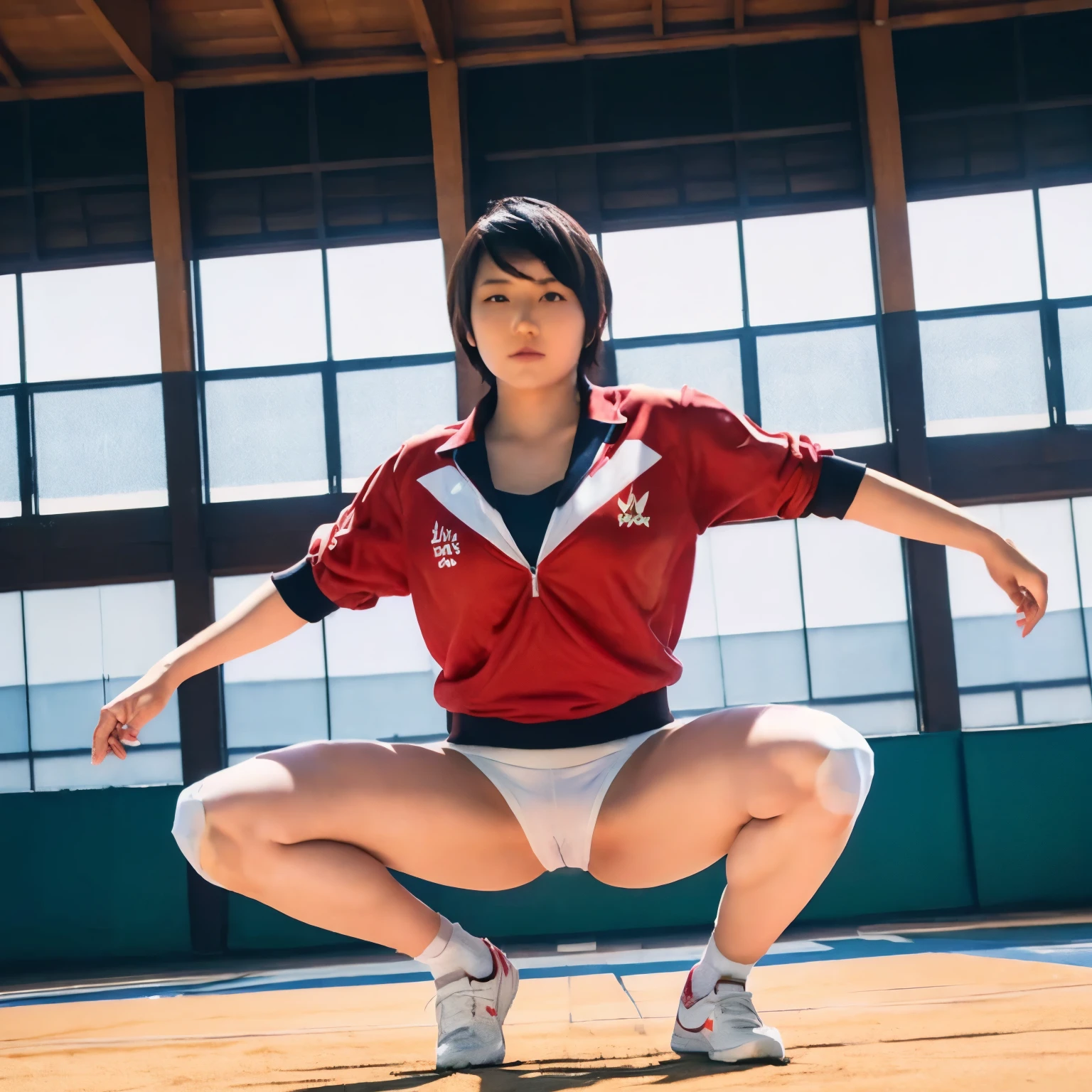 Natsu Ayuhara short hair,1girl, (solo),(m legs), (spread legs), (masterpiece:1.2),red jacket, (short red high leg buruma),((cameltoue)),(coverd_nipples), shoot from below,bandages, knee pads, sneakers,volleyball court,Rival schools,Masami Nagasawa,