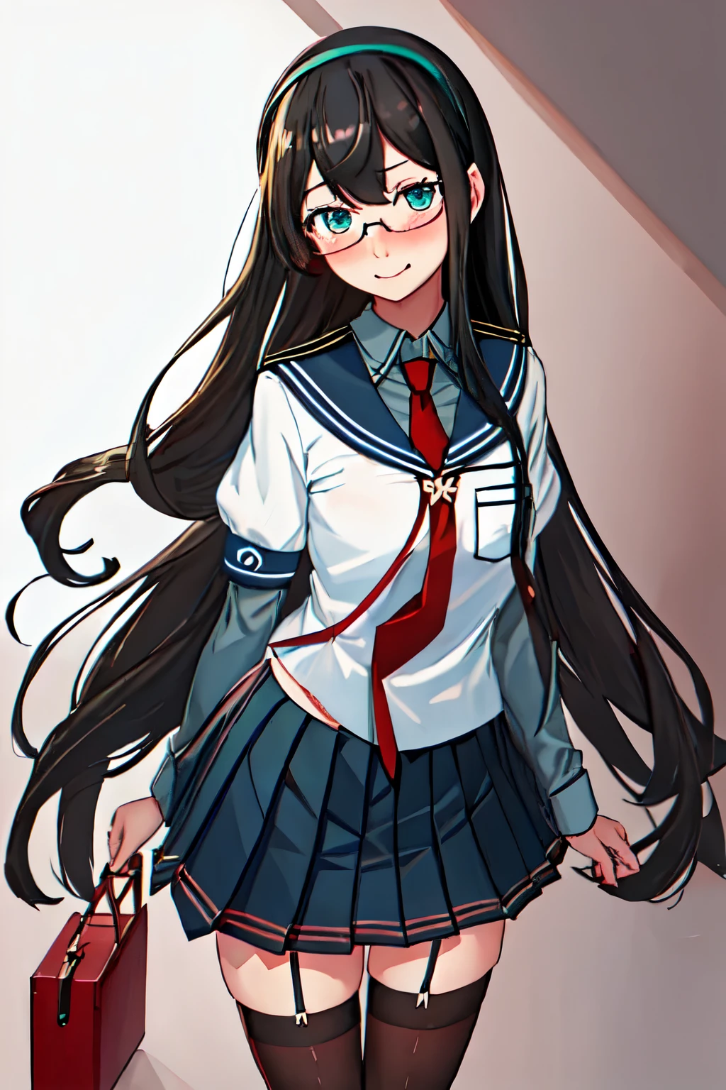 best quality, masterpiece, highres, solo, {ooyodo_kantaicollection:1.15}, black_hair, long_hair, glasses, hairband, semi-rimless_eyewear, under-rim_eyewear, blue_eyes, green_eyes, blush,small_breasts, 1girl, school_uniform, serafuku, pleats_skirt, looking_at_viewer, necktie, old_school_background, red_necktie,angry,smile,
