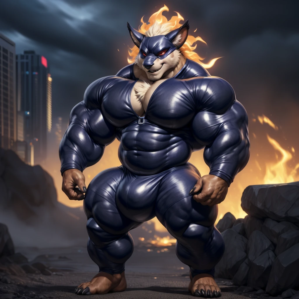 2d, masterpiece, best quality, 4k, 8k, ultra highres, raw photo in hdr, sharp focus, photo realism ,real life like, in a night city, detailed background, solo, (gloves, mask, skin tight), (by null-ghost, by thebigslick, by darkgem, by honovy), Leomon anthro, male focus, perfect red eyes, lighting eyes, (luminescent eyes) full body, Whole Body, fullbody suit, covered pectorals, covered abs, (tight clothing), sexy, Full View, Villain, Bad Guy, Evil, All his clothes are black, smirk, crazy, claws, fire, bedroom eyes, bulge chest, chiseled abs.