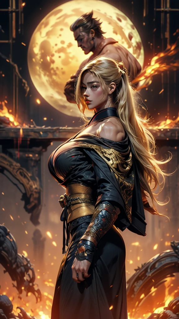 ((masterpiece, best quality)), best res, (huge breasts:1.3), good anatomy, ultra beaultiful face, hot, female, japanese woman, straight fece, extremely detailed face, 4k, detailed eyes, tall, 8 feet tall, (muscular), (1girl), beautiful, solo, escanor, (long hair), (golden eyes), (blonde hair), kimono, samurai kimono, off shoulder, (standing), from behind, (parted lips)
