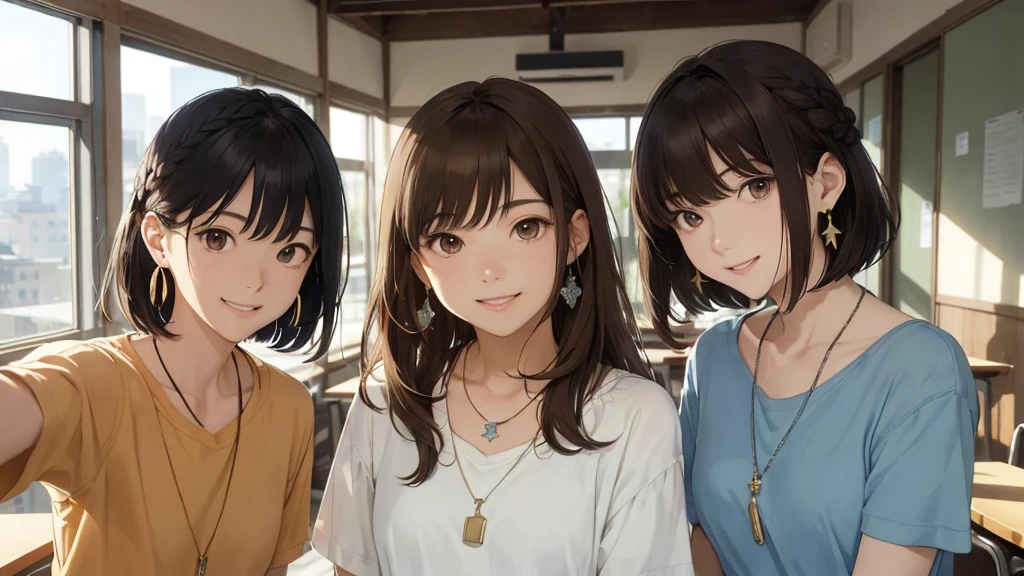 The background is the city、Skyscraper、Night view(Highest quality、masterpiece、High resolution)、(Sargent-style watercolor)、(Anime Art)、Old school building、Old classroom、School in a wooden school building、Flowers Bloom、((Right beside、Woman profile、))、(Detailed depiction of a beautiful face)、A kind smile、Medium Short Hair、Dark Brown Hair、Braiding、、
information(Highest quality:1.2)、Very detailed、High resolution、masterpiece:1,2、Bright colors、Bokeh、Professional Lighting、Physically Based Rendering、Flat Color:0.8、Fine Illustration、Realistic:1.37、Makoto Shinkai style、Name Style、Light Brown Hair、Elegant update、Short Bob、Three young women in casual clothes、Laugh together、Dynamic poselip、cheek(Dark Brown Hair/)bangs、cheek(direction)、(最高masterpiece1.2)繊細なイラストVery detailed、Break Blue Sky、Detailed Background、20-year-old female、、A shy smile、Through clenched teeth、Clench your teeth、lip、cheek(Flat Color: 0.8)、(masterpiece: 1,2)、(masterpiece: 1,2)、High resolution、超High resolution、Highest quality、High resolution、Ultra-thin illustration、Makoto Shinkai style、Your Name is Style、long hair、Short Bob、necklace、Earrings、Dynamic pose、Selfie、whole body、Brown Hair、Braiding、Hair Bun、ponytail・Hair Bunスタイル、necklace、Valletta、ribbon、Earrings・アニキュア,。
