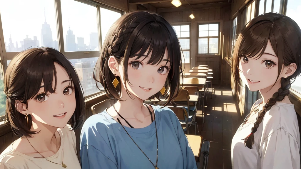 The background is the city、Skyscraper、Night view(Highest quality、masterpiece、High resolution)、(Sargent-style watercolor)、(Anime Art)、Old school building、Old classroom、School in a wooden school building、Flowers Bloom、((Right beside、Woman profile、))、(Detailed depiction of a beautiful face)、A kind smile、Medium Short Hair、Dark Brown Hair、Braiding、、
information(Highest quality:1.2)、Very detailed、High resolution、masterpiece:1,2、Bright colors、Bokeh、Professional Lighting、Physically Based Rendering、Flat Color:0.8、Fine Illustration、Realistic:1.37、Makoto Shinkai style、Name Style、Light Brown Hair、Elegant update、Short Bob、Three young women in casual clothes、Laugh together、Dynamic poselip、cheek(Dark Brown Hair/)bangs、cheek(direction)、(最高masterpiece1.2)繊細なイラストVery detailed、Break Blue Sky、Detailed Background、20-year-old female、、A shy smile、Through clenched teeth、Clench your teeth、lip、cheek(Flat Color: 0.8)、(masterpiece: 1,2)、(masterpiece: 1,2)、High resolution、超High resolution、Highest quality、High resolution、Ultra-thin illustration、Makoto Shinkai style、Your Name is Style、long hair、Short Bob、necklace、Earrings、Dynamic pose、Selfie、whole body、Brown Hair、Braiding、Hair Bun、ponytail・Hair Bunスタイル、necklace、Valletta、ribbon、Earrings・アニキュア,。