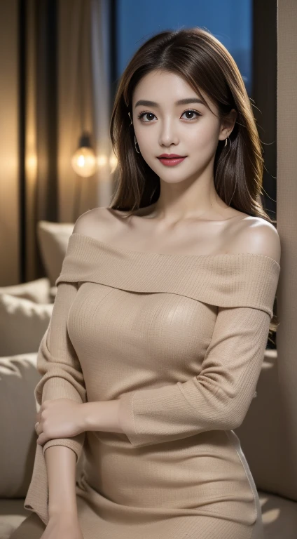 ((Night view, Realistic Light, Highest quality, 8k, masterpiece: 1.3)), One Japanese girl, Beautiful woman with slim figure: 1.4, (Brown Hair: 1.3),D Cup, Off-the-shoulder cut top: 1.3, Stiletto heel pumps,sofa, Highly detailed face, Fine grain, double eyelid,Arms up,