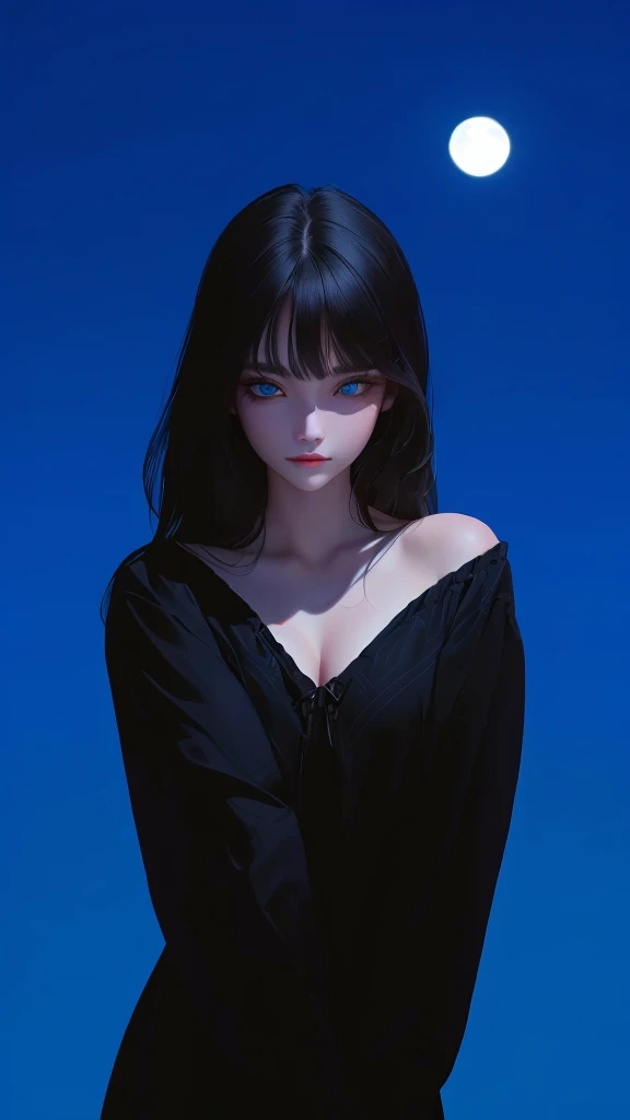 ultra-detailed, beautiful eyes, detailed eyes, detailed face, ultra-detailed, beautiful eyes, woman in black casual, loose-fitting clothing against a full moon background, master piece, best quality, high resolution, 16k
