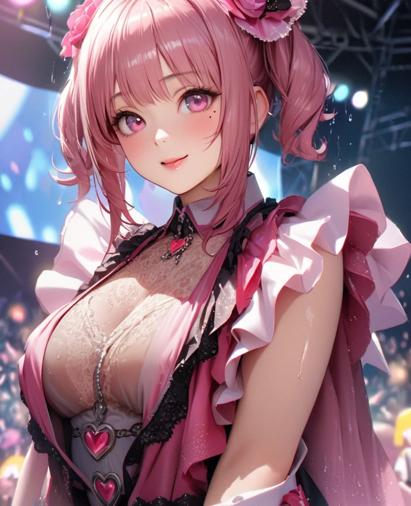 One Girl、Looking at the audience、lovely,
Beautiful pink eyes、short twin tail hair , Mole under the eye、Plump and glossy lips、Heart-shaped choca、Idol、Her name is Rico,smile、ー、。.。.。.。.。.。.。.。.。.。.。.。.。.。.。.。.。.。.3D、Realistic、
The idol's costume was soaked in the heavy rain, and her chest was wet and transparent.Heavy rain at outdoor concert, Drape clothes、gem、The decoration has been removed、Floral、Lace trim,On a glittering stage、
masterpiece、highest quality、8k、Detailed skin texture、Detailed cloth texture、Beautifully detailed face、Intricate details、Very detailed、
超A high resolution、8k Ultra HD、Film Grain、Best Shadow、delicate、Gazing at the audience、front