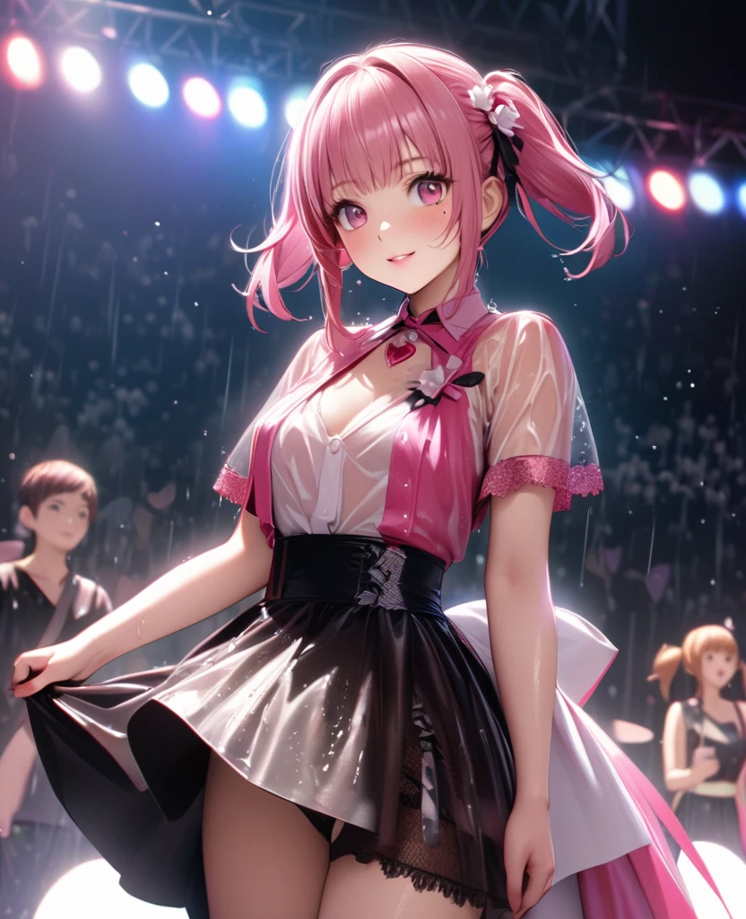 One Girl、Looking at the audience、lovely,
Beautiful pink eyes、short twin tail hair , Mole under the eye、Plump and glossy lips、Heart-shaped choca、Idol、Her name is Rico,smile、ー、。.。.。.。.。.。.。.。.。.。.。.。.。.。.。.。.。.。.3D、Realistic、
The idol's costume was soaked in the heavy rain, and her chest was wet and transparent.Heavy rain at outdoor concert, Drape clothes、gem、The decoration has been removed、Floral、Lace trim,On a glittering stage、
masterpiece、highest quality、8k、Detailed skin texture、Detailed cloth texture、Beautifully detailed face、Intricate details、Very detailed、
超A high resolution、8k Ultra HD、Film Grain、Best Shadow、delicate、Gazing at the audience、front